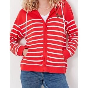 Joules Zip-Up Hoodie Dachshund Embroidery Plus Size 14 Red & White Striped